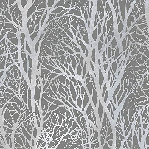 Graue Tapete mit Baum Muster | Wald Tapete in Anthrazit ideal für Schlafzimmer und Esszimmer | Moderne Vliestapete mit Ästen aus Vinyl