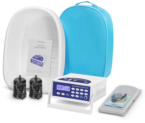 Veicomtech Ionic Detox Bain de pieds – Spa pour les pieds, machine de désintoxication ionique avec baignoire, dragonne, ceinture infrarouge lointain, 2 tableaux, sac bleu