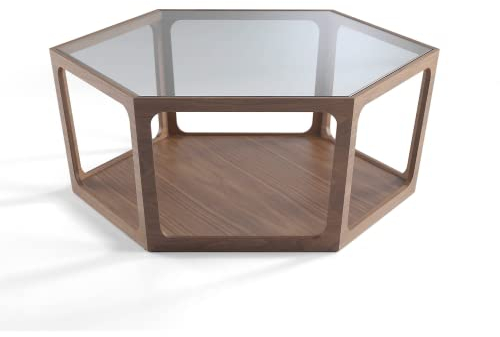 Ángel Cerdá - Mesa de Centro Hexagonal de Nogal y Cristal - Mesita de Centro Moderna y Elegante - Original y Versátil - Estilo y Sofisticación - Materiales Resistentes - 92 x 80 x 34 cm