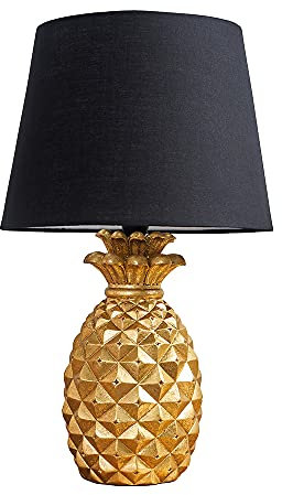 MiniSun | Contemporary Pineapple Design Table Lamp in a Gold Effect Finish with a Black Tapered Shade - Complete with 4w LED Golfball Bulbs | Table Lamps & Home Improvements Essential