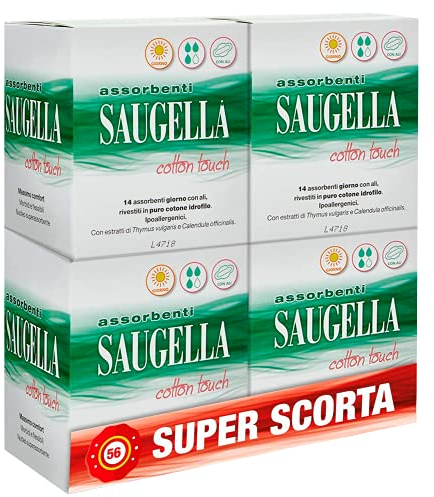 Saugella Saugella Cotton Touch Lot de 56 serviettes hygiéniques pour extérieur, jour à action anti-odeurs avec ailes en coton hypoallergénique, 80 g