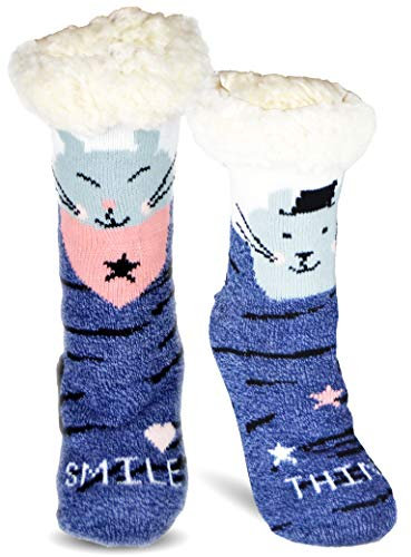 Frostfighter Damen Kuschelsocken mit ABS Sohle (1x Paar) Hüttensocken Wintersocken mit Anti Rutsch Noppen (Blau - Katzen, 36-41)