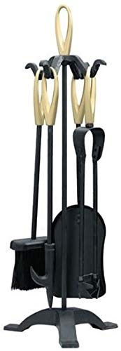 5 Piece Traditional Fireplace Companion Set Tong Shovel Brush Poker Wood Burner Coal Stove Hearth Cast Iron Tools (Loop Top Black & Brass)
