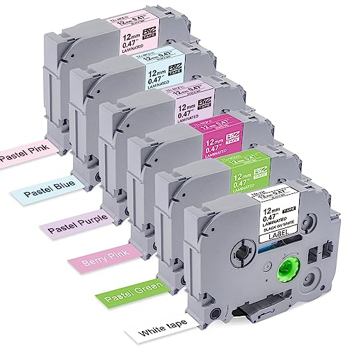 Meritom Kompatibel Brother P-Touch Pastell Bunt Bänder für Brother P Touch Beschriftungsgerät Bänder 12mm, Laminiertes Schriftband für Brother PTouch Cube 1010 H100lb H110 H105 H107b D210, 6er-Pack