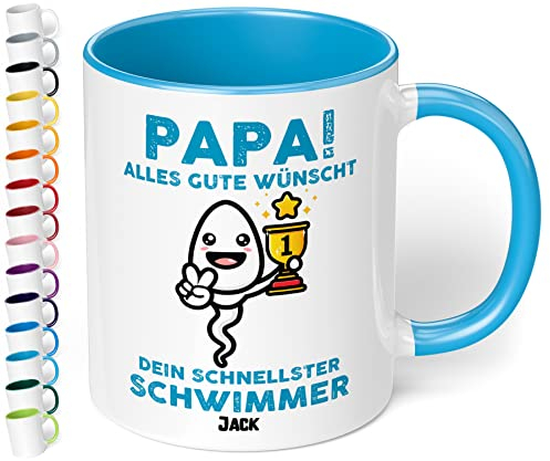 True Statements Personalisierte Papa Tasse „Papa alles Gute wünscht dir dein schnellster Schwimmer“ mit Wunschname - Kaffeetasse mit Spruch zum Vatertag für Vater, lustiges Geschenk (hellblau)