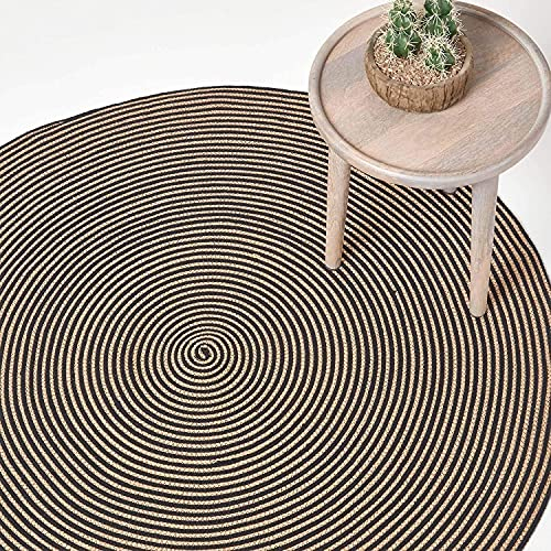 Homescapes runder Teppich, handgeflochtener Baumwollteppich 150 cm im Vintage-Look mit Spiralemuster, leinen-Farben und schwarz, Flachgewebe-Teppich für Wohnzimmer, Schlafzimmer, Küche oder Flur