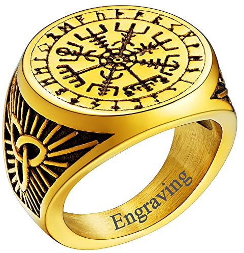 FaithHeart goldener Statement Vikings Kompass Ring in Umfang 64.6mm Wikinger Kompass Amulett Siegelring mit Vegvisir Partnerring Freundschaftsring mit Namen Text Gravur für Paar Pärchen