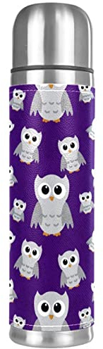Gray Owls Purple Pattern Vacuum Flask Insulated Water Bottle Compact Stainless Steel Coffee Travel Mug 17 Ounce