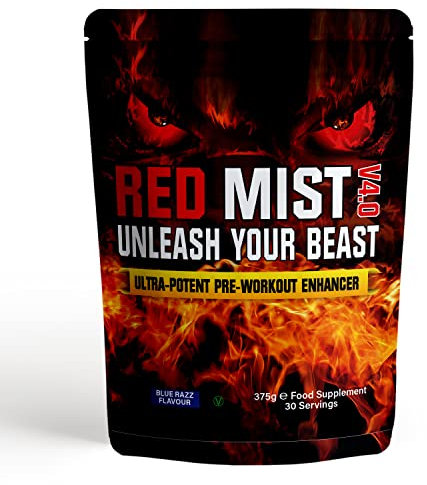 Boditronics RED Mist V4 375g Pre Workout Supplement with Citrulline Malate, Beta Alanine, Taurine, L-Arginine AKG, Creatine HCl, L-Tyrosine, Caffeine and Pine Bark Extract |Pre-Workout Powder