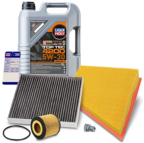 BESTPRICE Inspektionspaket Filterset mit 1x Ölfilter; 1x Innenraumfilter (Aktivkohle); 1x Luftfilter; 1x Ölablassschraube mit Dichtring; 1x Ölwechselanhänger; 1x Motoröl 5W-30 LIQUI MOLY Top Tec 4200