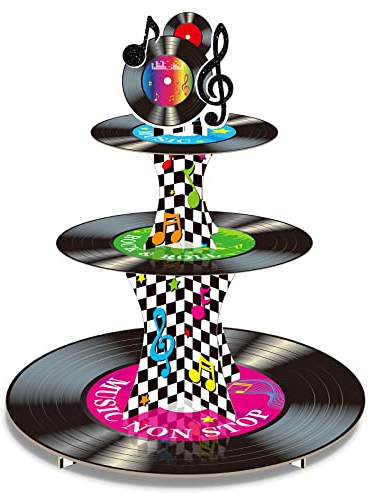 3 Tier 1950's Rock and Roll Music Party Decorations Record Cupcake Stand Vinyl Record Cupcake Holder Music Not Stop Dessert Tower for 50s Retro Theme Party Supplies