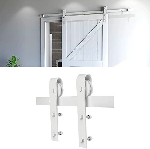 YIMING 200 cm/6,6 FT Kit de Herrajes Puertas Correderas, Acero al Carbono, Kit de Puerta Corredera con 2 Secciones Guía y 2 Rodillo, Sistema de Puertas Correderas, Blanco Clásico