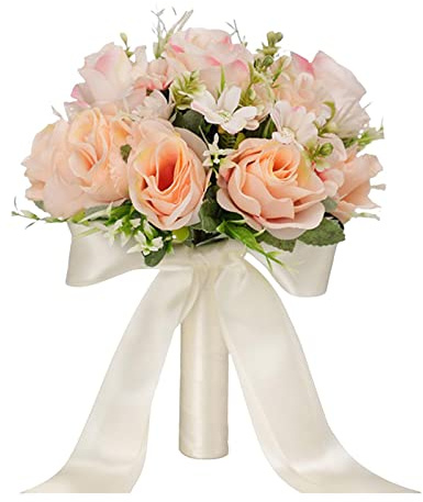 Oshhni Romantische Brautsträuße, Blumenarrangements, Brautjungfernstrauß, künstliche Blumen für Hochzeitszeremonie, Jahrestag, Brautparty, elegant, Orange-Rosa