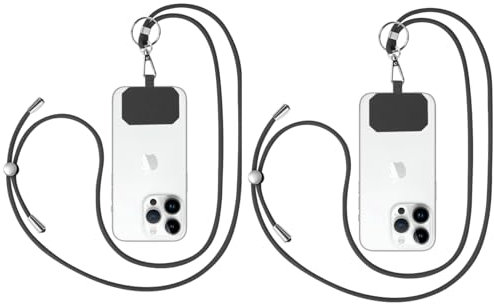 Flintronic 2PCS Cordón Ajustable para Teléfono Móvil - Correa para el Cuello, Cruzada y Muñeca - Compatible Con la Mayoría de Fundas - Negro - Botón a Presión