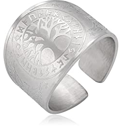 Amaxer Wikinger Rabe Kompass Vegvisir Ring für Männer Baum des Lebens Futhark Runen Skandinavn Odin Symbol nordische Mythologie Schutz Verstellbarer Ring Statement Band für Männer Frauen, Edelstahl