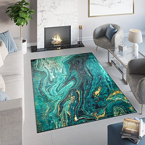 TAPISO Toscana Teppich Bedruckt Smaragd Dunkelgrün Gold 120 x 170 cm | Marmor Waschbar Rutschfest Wohnzimmer Schlafzimmer Büro Modern Design