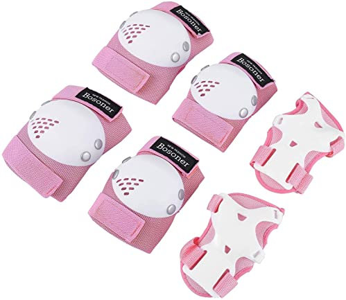 BOSONER Knieschoner Kinder Schoner Inliner Protektoren 6er Set Schützer Inliner Inline Skates Knie Und Ellenbogenschützer Schutzausrüstung Knieschützer Skateboard (6# Rosa/Weiß, M (6-15Jahre))