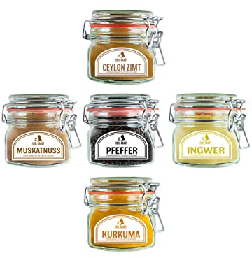 Goldene Milch BIO Gewürzset | EDEL KRAUT - BIO Kurkuma & BIO Ceylon Zimt & BIO Ingwer & BIO Pfeffer & BIO Muskatnuß im Premium XL Glas - 100% naturreine Gewürze