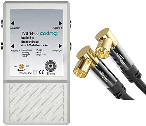 Axing TVS 14-00 4 fach Verteilverstärker für kleine BK und terrestrische Netze mit UKW u. DVB-T2 HD & KabelDirekt – TV Kabel 90° gewinkelt – Fernsehkabel mit bruchfestem Metallstecker – 3 m