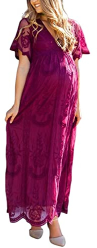 LAEMILIA Robe de Grossesse Shooting Photo Robe Longue Eté Femme Enceinte Robe Maternité Photographie Dentelle Manche Courte Robe Grossesse Soirée Chic Tenue Photo Grossesse Grande Taille S-XL