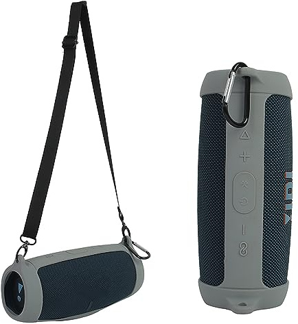 Silicone Case Cover for JBL Charge 5 Bluetooth Speaker, Portable Travel Carrying Protective Sleeve Skin Case with Shoulder Strap and Carabiner (Gray)