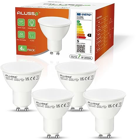 ALUSSO LIGHTING Lampadina a LED GU10, 7W Luce Bianca Calda 3000K, Sostituisce Lampadine Alogene da 70W, 560 Lumen, Angolo di Diffusione 120°, Senza Sfarfallio, Non Dimmerabile, Confezione da 4