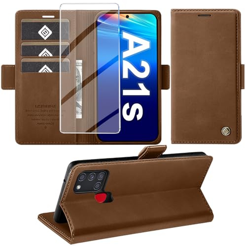 Giyer Handyhülle für Samsung Galaxy A21S Hülle mit Displayschutzfolie, Schutzhülle Galaxy A21S PU Leder Wallet Flip Case Standfunktion Kartenfach Klapphülle für Samsung A21S Tache Cover (Braun)