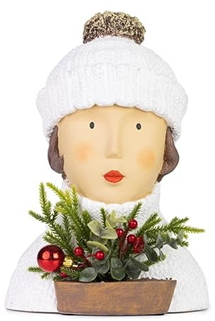 ETC Baden Import Ladykopf Dekokopf Dekobüste Dame mit weißer Pudelmütze und Weihnachtsgesteck