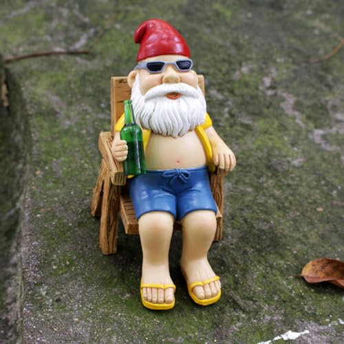 JARPSIRY Funny Drunk Gnome Garden Statue Outdoor Decor, 5 Inch Drinking Beer on Rocking Chair Naughty Gnome Figurine Resin Sculptures Ornament for Indoor Outdoor Home Patio Yard Lawn
