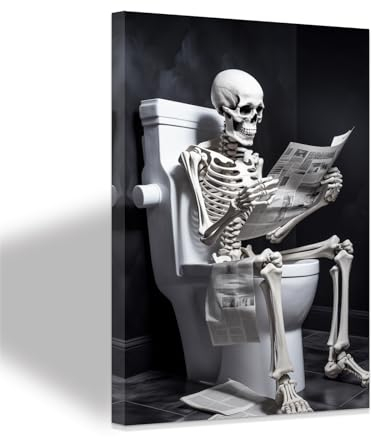 ZXHYWYM Totenkopf Badezimmer Wanddruck Totenkopf sitzt auf der Toilette und liest Zeitungen Poster lustiges Skelettbild auf Leinwand Wanddekoration mit Rahmen (C (30.00 x 45.00 cms))