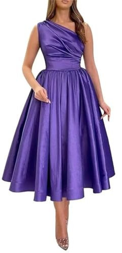 Vestido de quinceañera de satén de un hombro largo de té formal princesa dama de honor vestidos de noche WSX439, violeta, 56