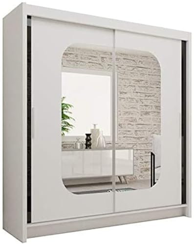 FURNITUREWAVE Alfa Sliding Door Wardrobe with Shelves & Hanging Rails White, Black, Grey & Oak Modern Furniture for Bedroom (120cm/150cm/180cm/203cm) (White, 150cm)