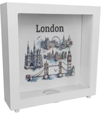Skyline London Rahmen Spardose aus Holz Wahrzeichen der Stadt Big Ben Tower Bridge London Eye Buckingham Palace - Perfekt für Sammler