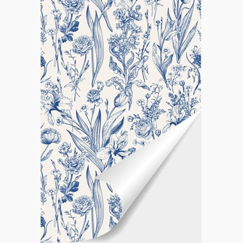 NPCEED Selbstklebende Tapete Blumen Blau Klebefolie Blumen Blau Blumentapete Vintage Tapete Floral Peel and Stick Wallpaper Möbelfolie Selbstklebend für Küche Tapeten Wohnzimmer (40x600cm)