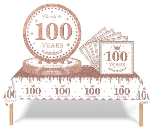 Set da tavola per 100° compleanno, 37 pezzi, rosa e oro, decorazioni per il 100° compleanno con piatti di carta e tovaglioli, tovaglia in plastica per lei e donne, decorazione per la tavola di buon