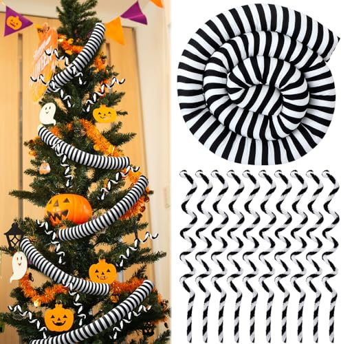 Cinnvoice 2 m Albtraum Sandwurm Weihnachtsbaum Dekoration mit 10 Stück Weihnachten Schwarz und Weiß Plüsch Stecklinge Weihnachtsbaum Ornament Gruselige Halloween Dekor für Party Dekoration Zimmer
