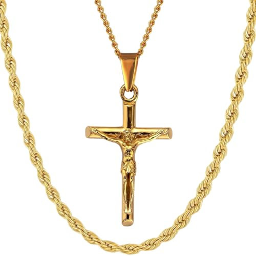 DVRK® Set 2 Gold Ketten Herren mit Basis aus Edelstahl 316L - Kreuz Kette Gold und Goldkette Herren 55 cm Wasser- und Schweißbeständig - Kruzifix, Ketten für Männer