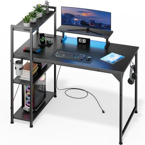 DOMICON 47 Inch Gaming Desk with LED Light, Computer Desk with Reversible Storage Shelves and Power Outlets for Home Office, Black