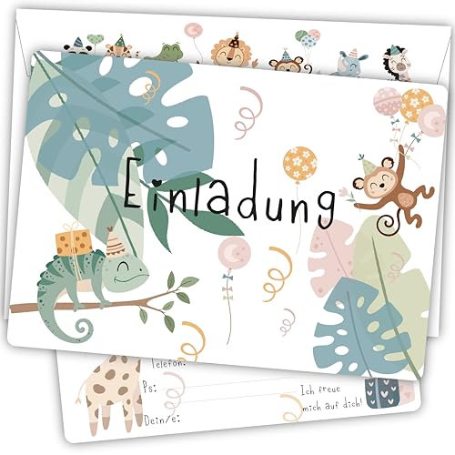 Damalia | 12 Einladungskarten inkl. 12 passender Umschläge | Kindergeburtstag | Mädchen | Junge | Dschungel | Tiere | Kinderparty | DIN A6 | Einladung | Geburtstag | klein und groß | Dschungel002