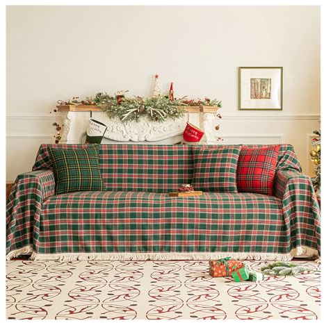 HonunGron Weihnachten Sofaüberwürfe Sofaüberwurf Sofadecke, Karierter Sofa Überwurfdecke,Tagesdecke Gewebter mit Quasten,Vielseitige Couchüberwurf Bettüberwurf (Rot Grün,180x230cm)
