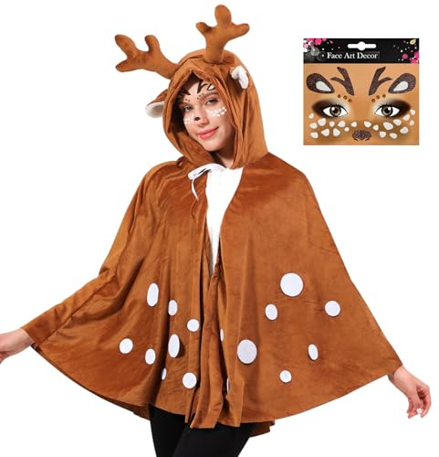 OUMDON Rentier Karneval Kostüm Damen: Braunes Elch Cape mit Glitzer Gesichtstattoo - Reh Damen Kostüm für Karneval Fasching und Weihnachtsfeiern