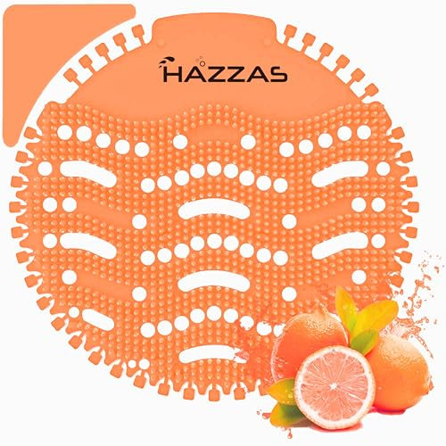 20-pack Hazzas Orange Fresh-Scented Urinal Screen Deodorizer Mats. Infused with lasting scents, these mats serve as effective odour fresheners. Perfect for use in bathrooms, restrooms, and offices