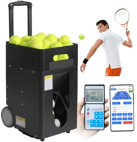 hKjPlvf Tennis Balls Machine (Holds 50 Balls) - App/Remote Control, Automatic Tennis Ball Launcher, Multiple Training Modes, Pre-Programmed and Custom Drills, for All Levels/Age