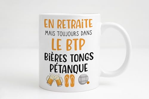 Groovy crea Mug Retraité BTP – Bières Tongs Pétanque – Cadeau Humour Départ à la Retraite Homme