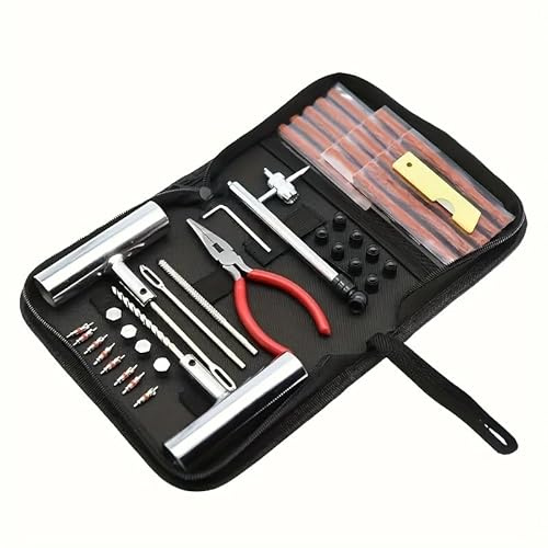 Mautopily 46 Pcs Kit de Réparation Pneu Universel avec Sac de Rangement | Outils crevaison pneu avec poignée en T & mèches. Kit voiture universel en sac pour moto, SUV & camion, avec pince.