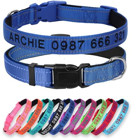 Personalisierter Hundehalsband mit Neopren‑Polsterung,Bestickt,Blau | Individuell bestickter Name Schnellverschluss‑Schnalle, atmungsfestes robustes Nylon, verstellbar für alle Hundegrößen