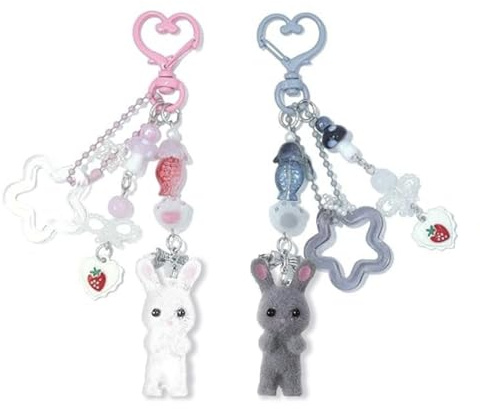 Baofuwan 2 Stück Süßer Hase Schlüsselanhänger, Flauschiger Anhänger Hase mit Herz Stern und Schleife, Plüsch Hase Bag Charm, liebhaber Schlüsselanhänger Valentinstag Muttertag Geschenk