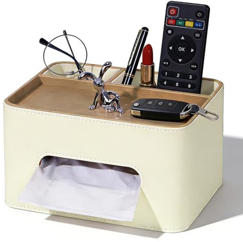 Tissue Box aus PU-Leder mit 2 Fächern,Tissue-Spender mit Ablage Kosmetik-Tissue Box für Kleine Gegenstände, Schreibtisch-Organizer für Büro, Zuhause, Badezimmer