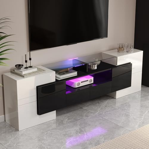 NuvlaGu TV-Lowboard Modern, 200 cm Breit, Hochglänzend Weiß & Grau, Mit RGB LED Beleuchtung, 6 Türen und 2 Schubladen, Wohnzimmer Medienschrank (White+Black + MDF)