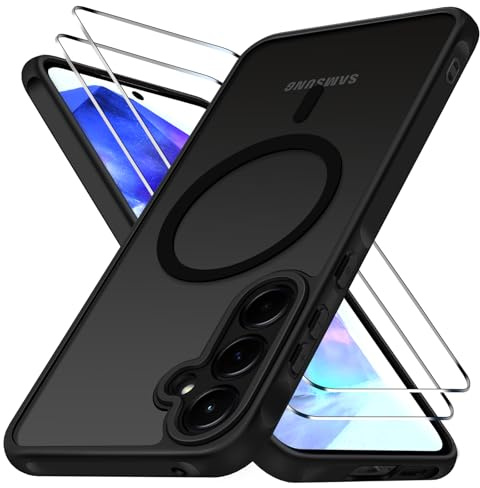 ivoler 3 in 1 Magnetisch Hülle für Samsung Galaxy A55 5G, Matt Schwarz | mit 2 Stück Panzer Schutz Glas, Vollständiger Kameraschutz, Silikon , militärischer Schutz, kratzfest, schmale